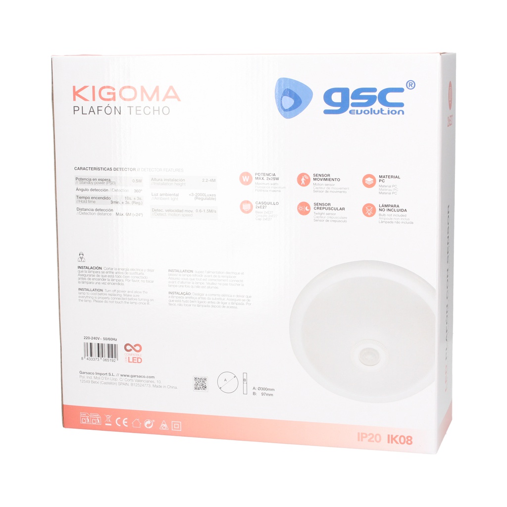 Plafón techo Kigoma con sensor movimiento y crepuscular 2x25W (LED) E27