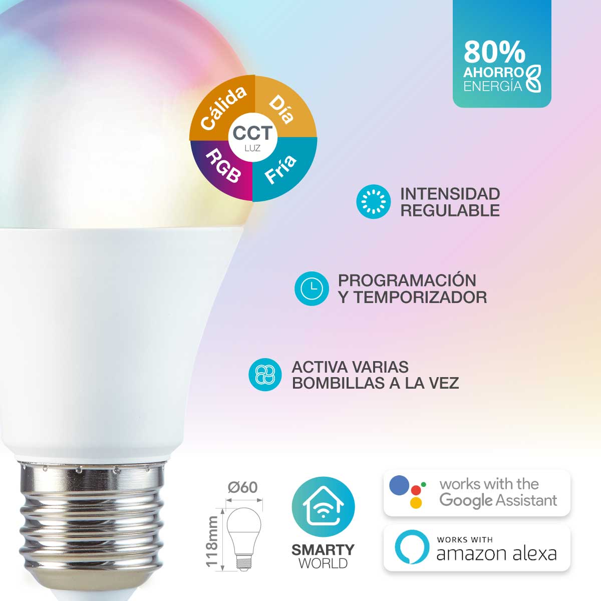Bombilla LED estándar inteligente vía wifi y bluetooth 9W E27 RGB +  3000-6500K Regulable