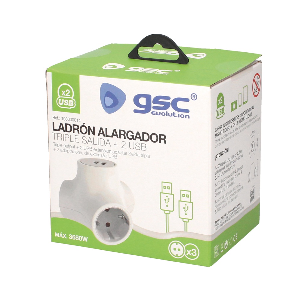 Ladrón alargador triple salida + 2 USB 1,4M