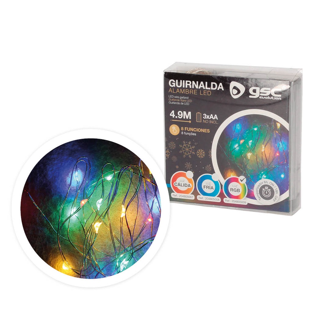 Guirnalda alambre LED 4,9M 3xAA 8 funciones RGB