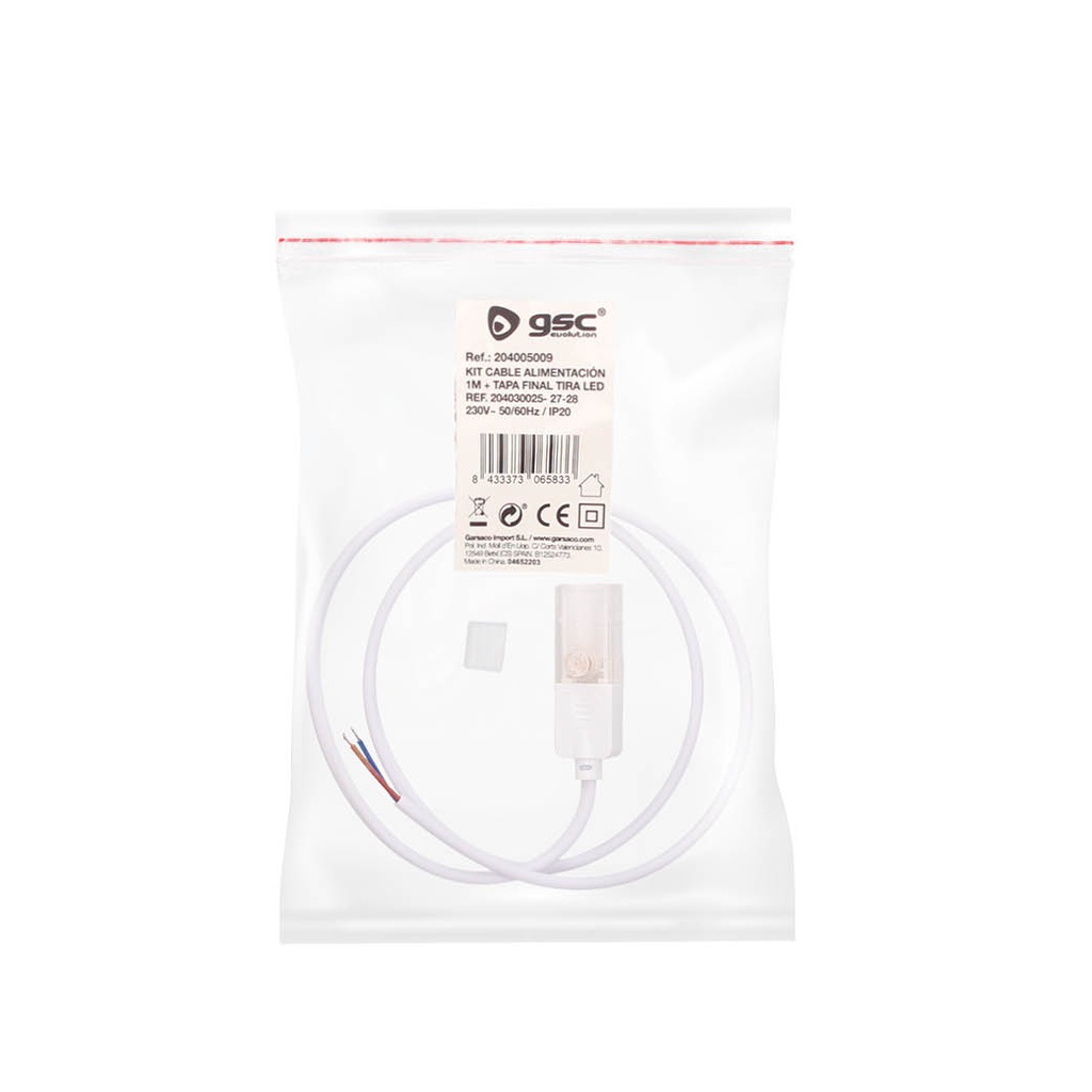 Kit cable alimentación 1M + tapa final para tira LED ref. 204030025 - 27 - 28