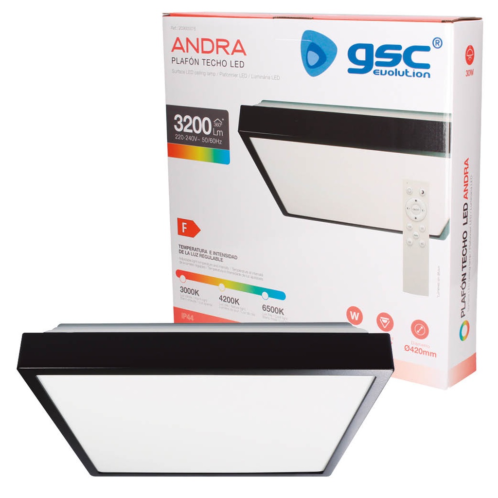 Plafón techo LED Andra cuadrado 30W 3000K a 6500K IP44 regulable Negro