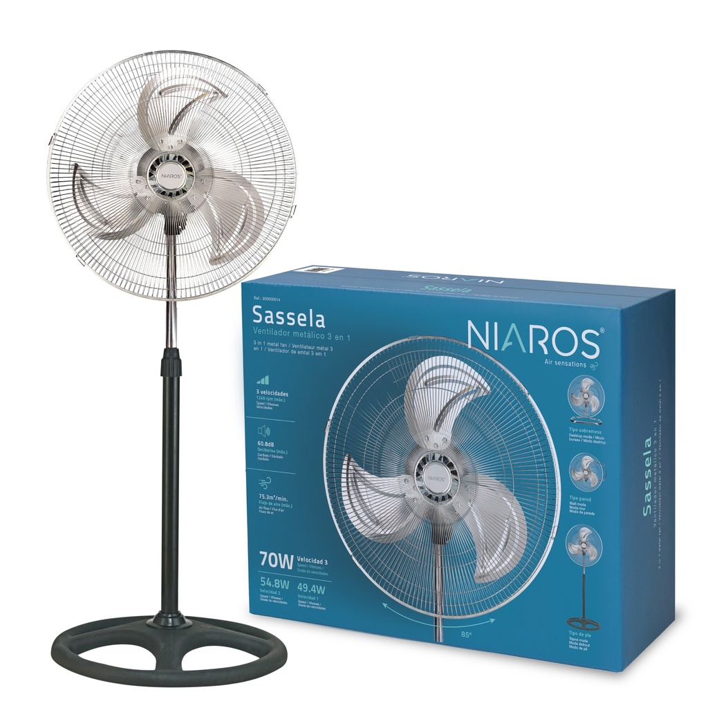 Ventilador metálico 3 en 1 (sobremesa, pared y pie) 50cm 70W