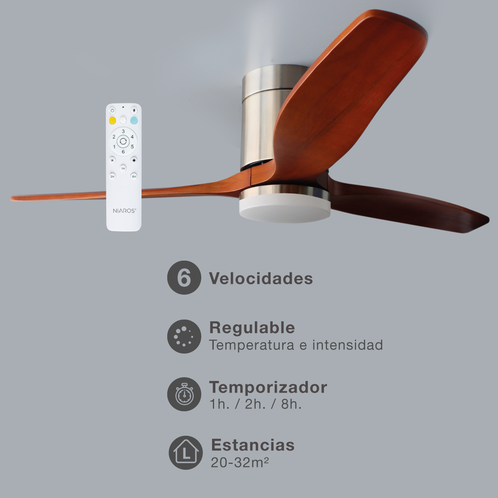 Ventilador de techo con mando 52' motor DC CCT regulable 3 aspas Madera