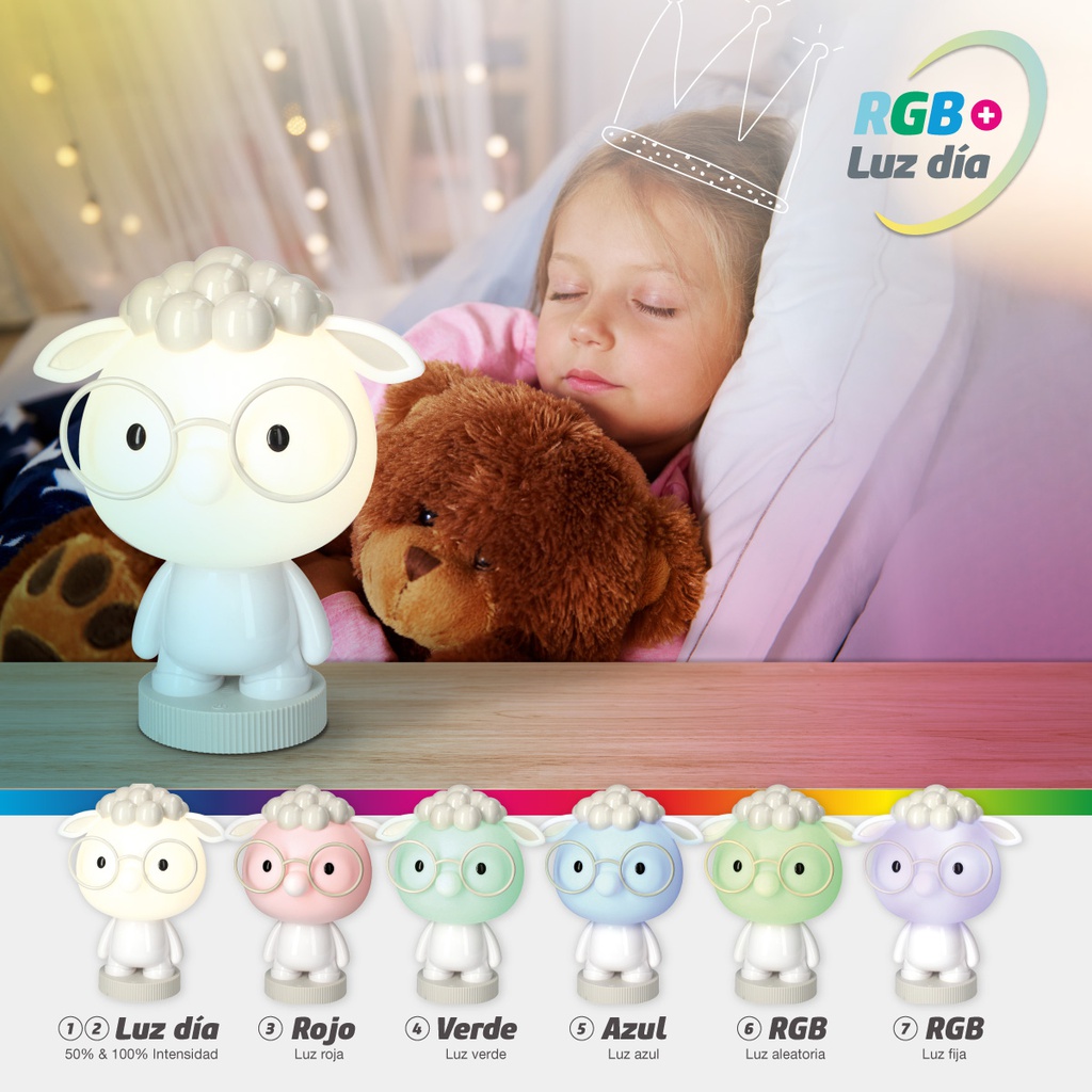 Luz de noche infantil LED Ovejita 2,5W RGB  luz día batería recargable Blanco