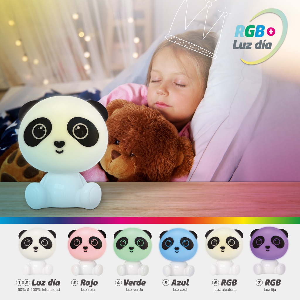 Luz de noche infantil LED Panda 2,5W RGB + luz día batería recargable Blanco