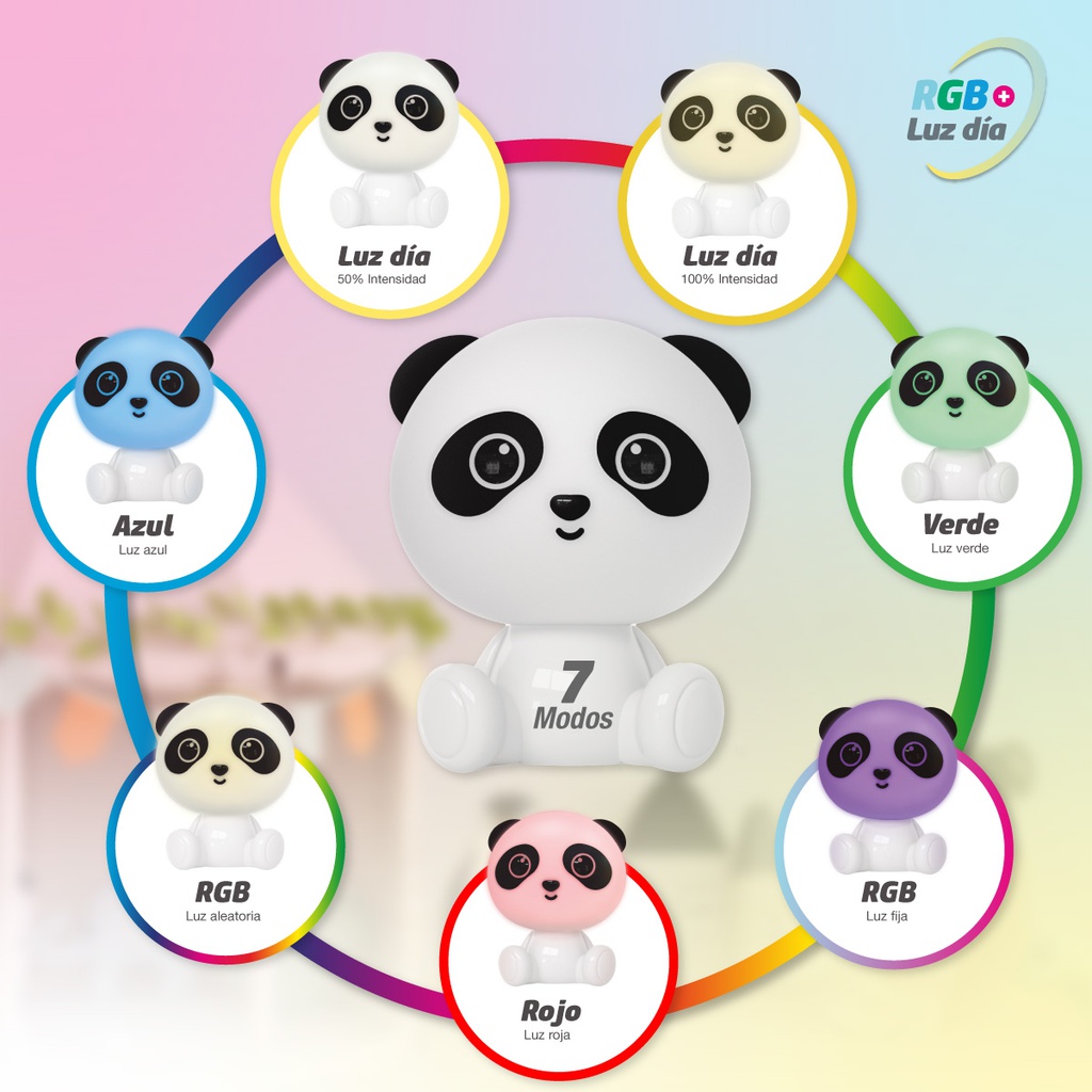 Luz de noche infantil LED Panda 2,5W RGB + luz día batería recargable Blanco