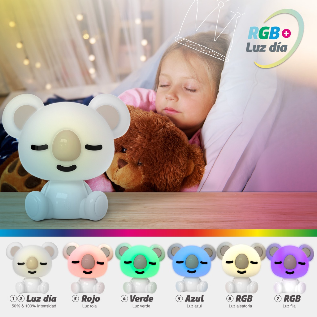 Luz de noche infantil LED Koala 2,5W RGB + luz día batería recargable Blanco