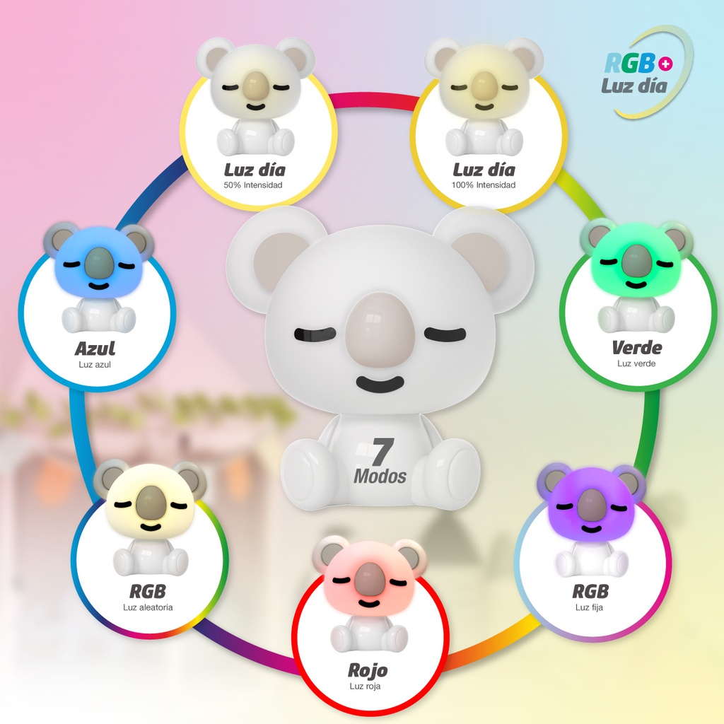 Luz de noche infantil LED Koala 2,5W RGB + luz día batería recargable Blanco