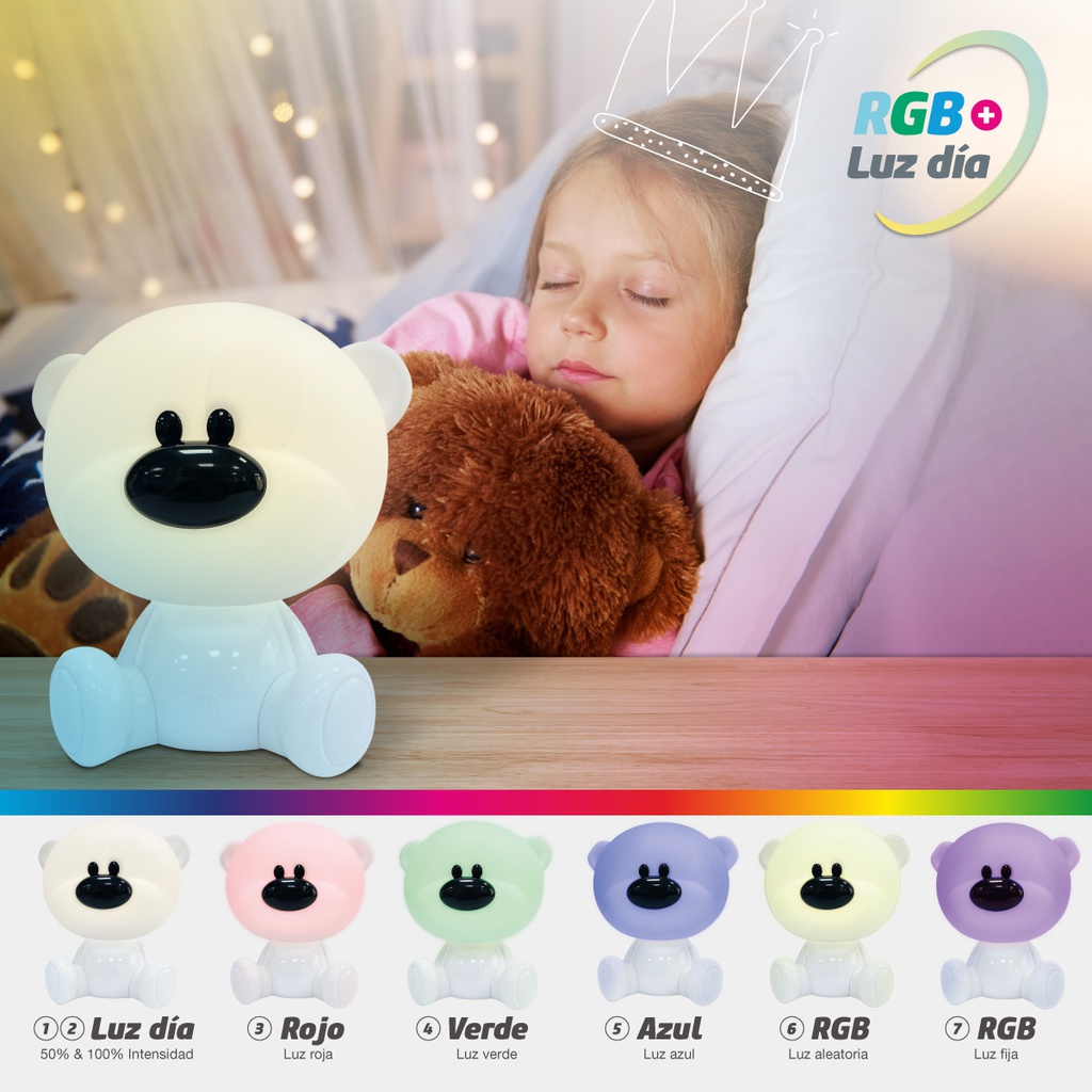 Luz de noche infantil LED Osito 2,5W RGB + luz día batería recargable Blanco