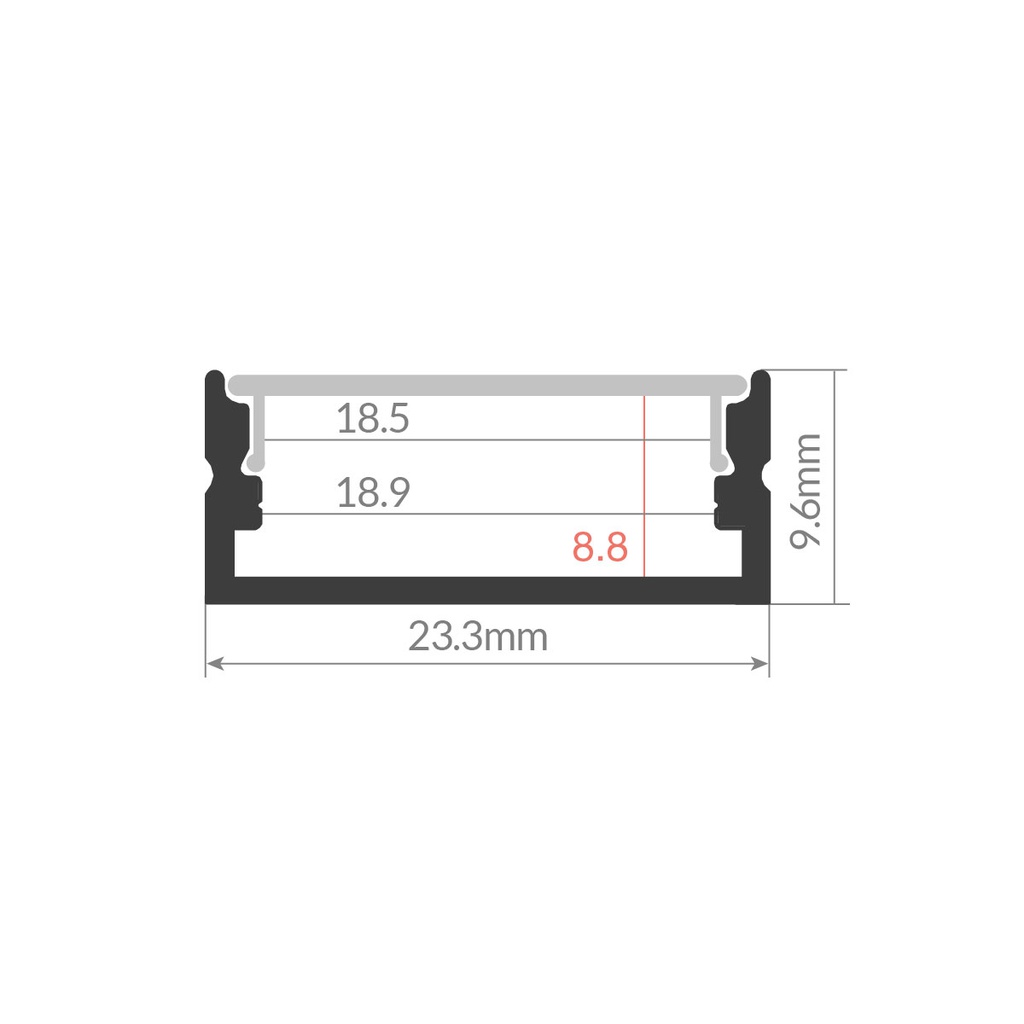 Kit perfil aluminio traslúcido superficie 2M para tiras LED hasta 20mm