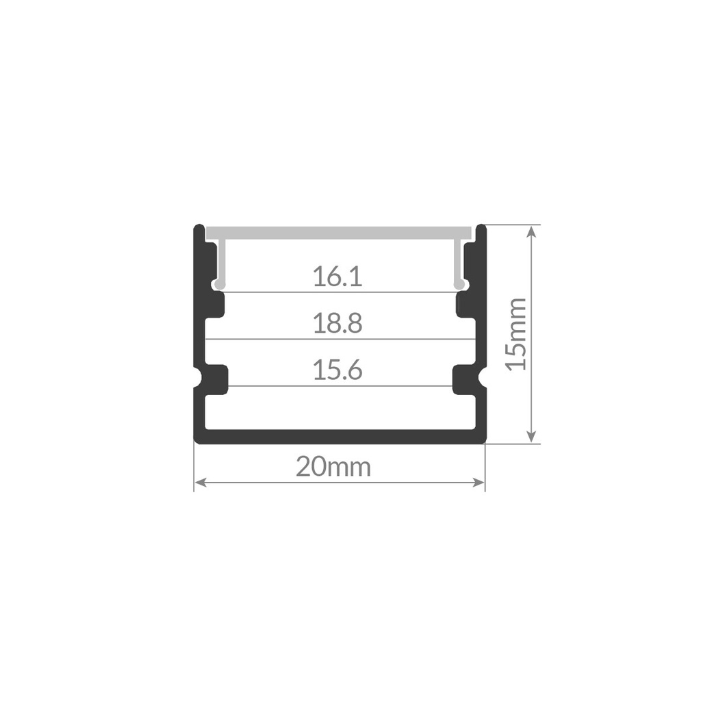 Kit perfil aluminio traslúcido superficie 2M para tiras LED hasta 15mm