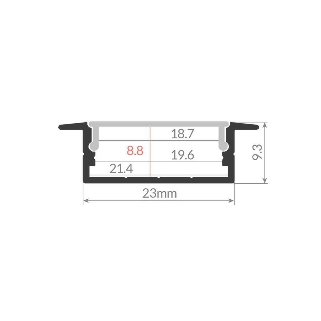 Kit perfil aluminio traslúcido empotrable 2M para tiras LED hasta 19mm