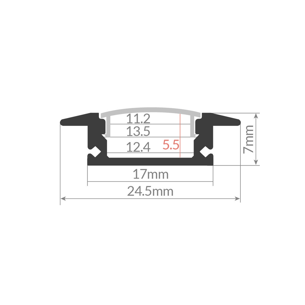 Kit perfil aluminio traslúcido empotrable 2M para tiras LED hasta 12mm Gris