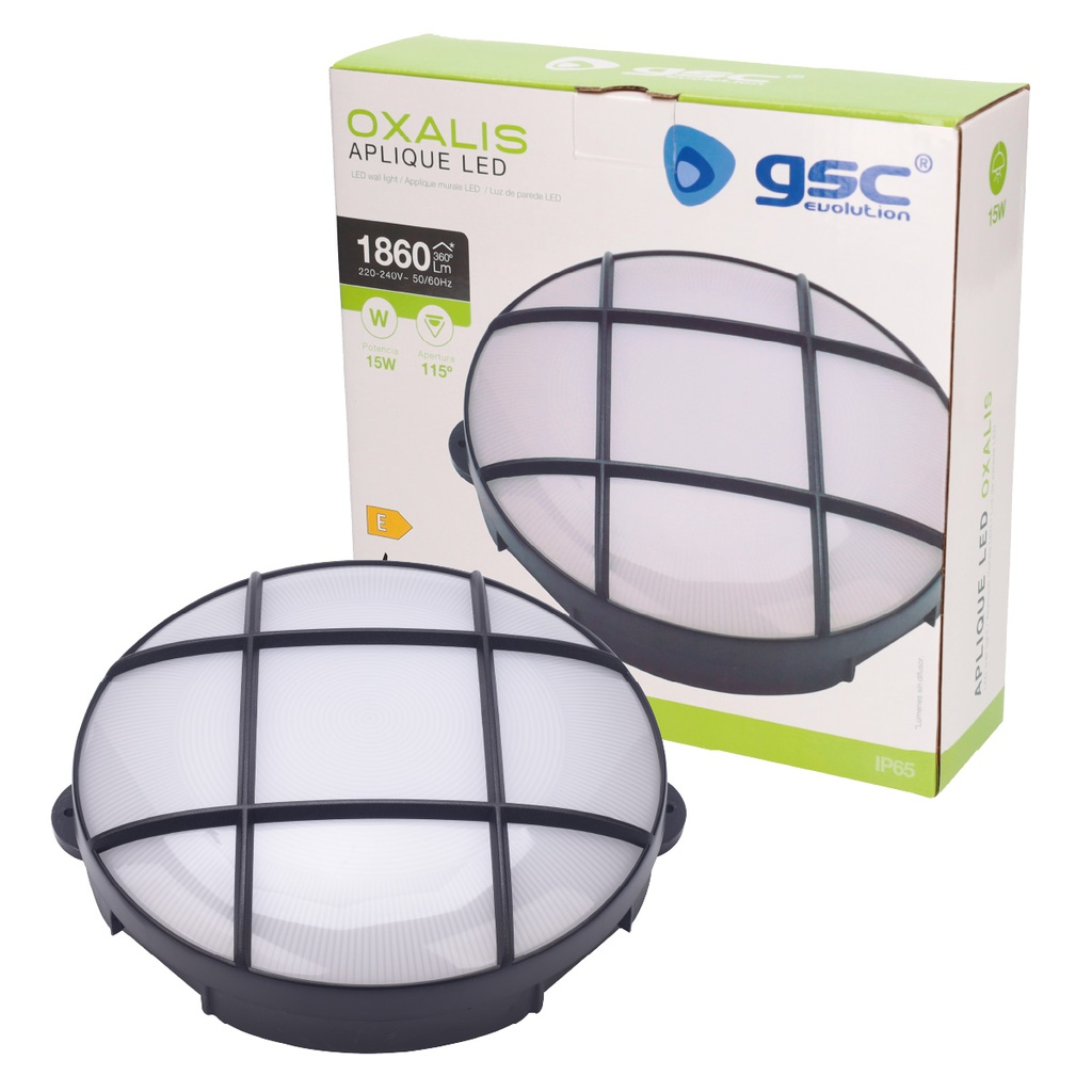 Aplique LED redondo Oxalis con rejilla 15W 4000K Negro