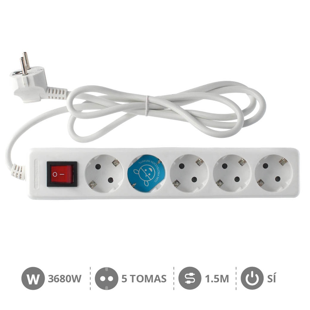 Base múltiple Serie Estándar 5T con interruptor (3x1.5mm) 1,5M Blanco