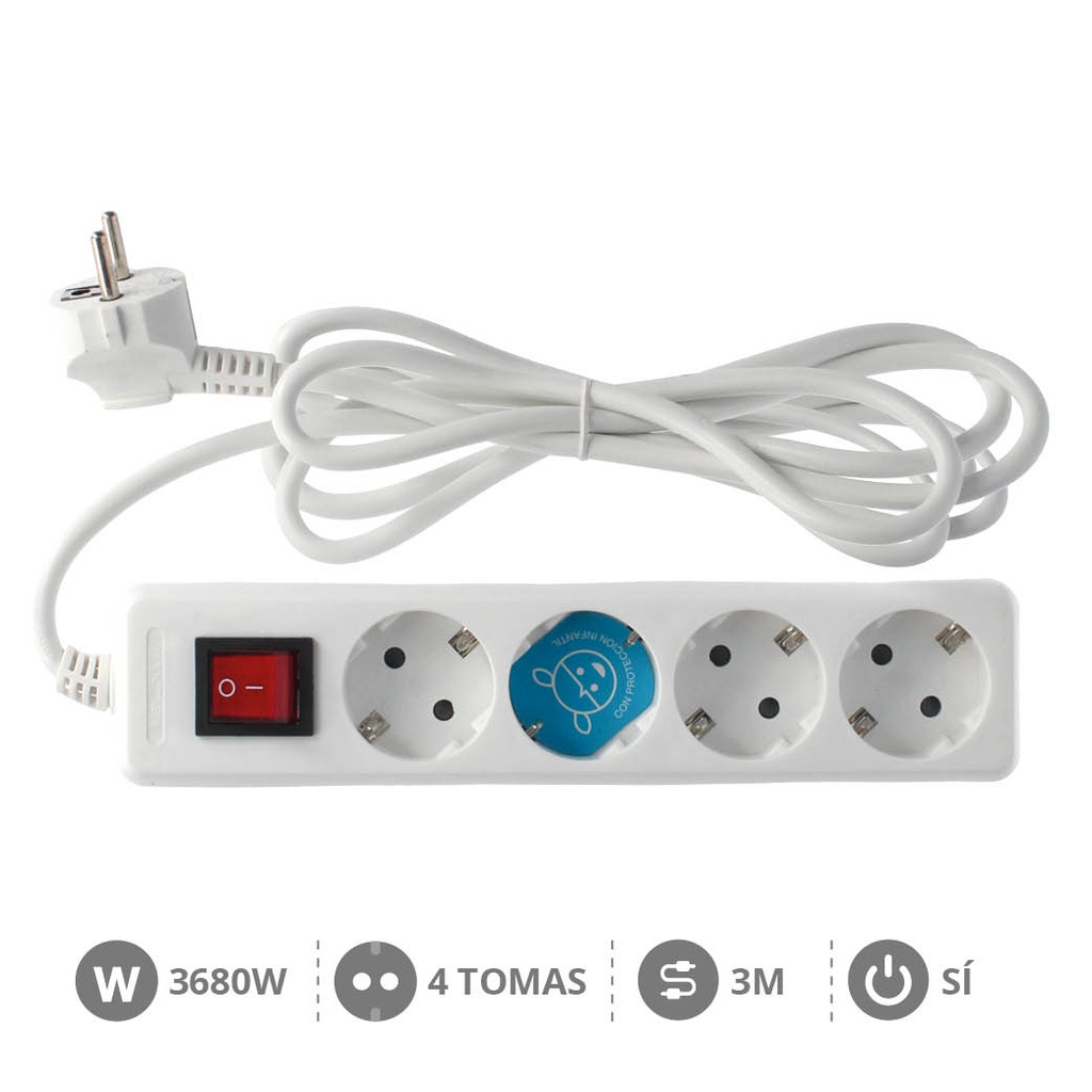 4 way socket White with switch (3x1.5mm) 3M wire