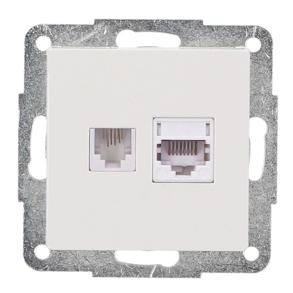 Prise Internet + Téléphone RJ45 + RJ11 à encastrer Blanche 56x56 mm