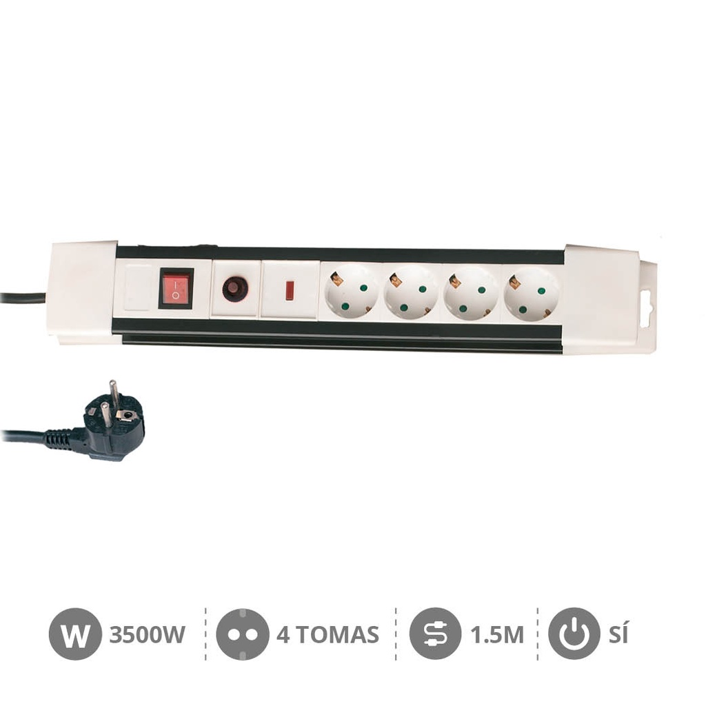 4 way socket with switch (3x1.5mm) 1,5M wire - Surge + overheating protection