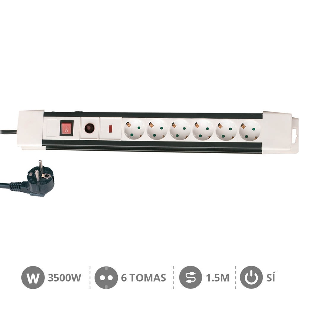 6 way socket with switch (3x1.5mm) 1,5M wire - Surge + overheating protection