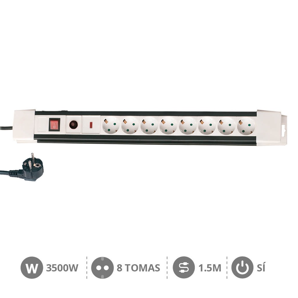 8 way socket with switch (3x1.5mm) 1,5M wire - Surge + overheating protection