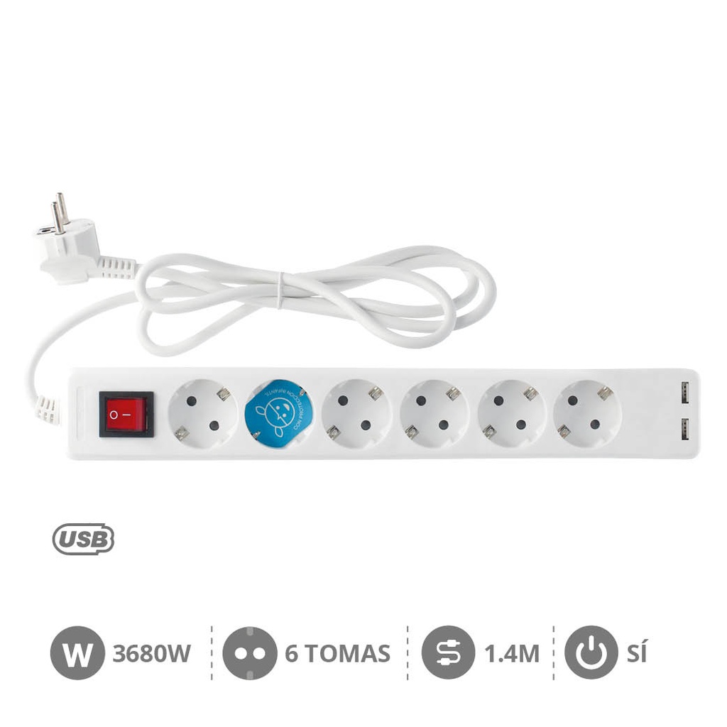 Bloc multiprises 6 P+ 2 USB + int. (3X1,5 mm) 1,4M Blanc