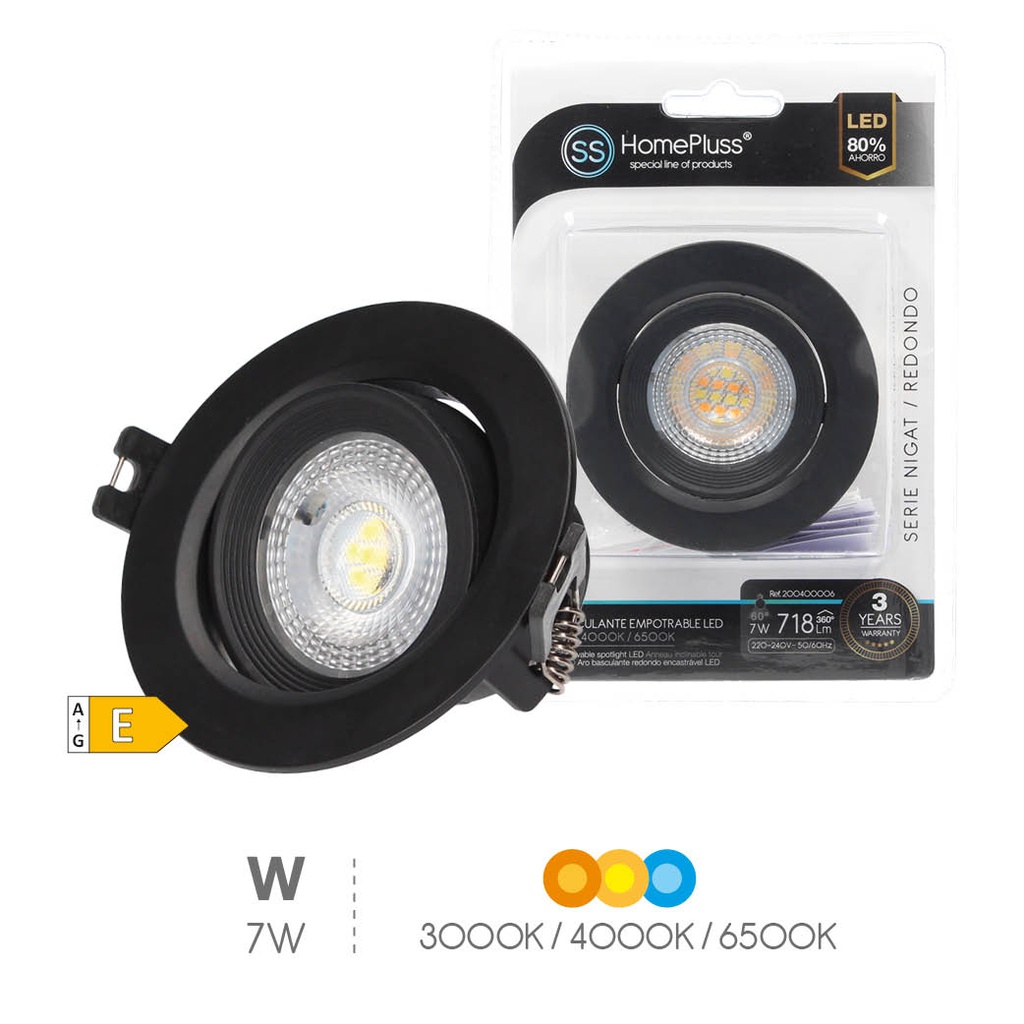 Aro basculante redondo encastrável LED Série Nigat 7 W 3000-4000-6500 K IP44 Negro – 8 un. caixa exp