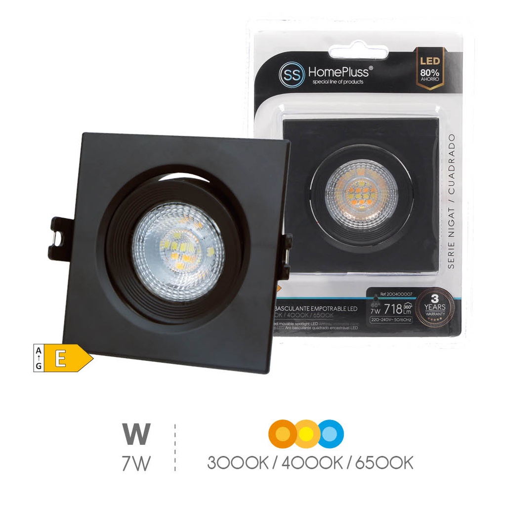 Aro basculante quadrado encastrável LED Série Nigat 7 W 3000-4000-6500 K IP44 Negro – 8 un. caixa exp