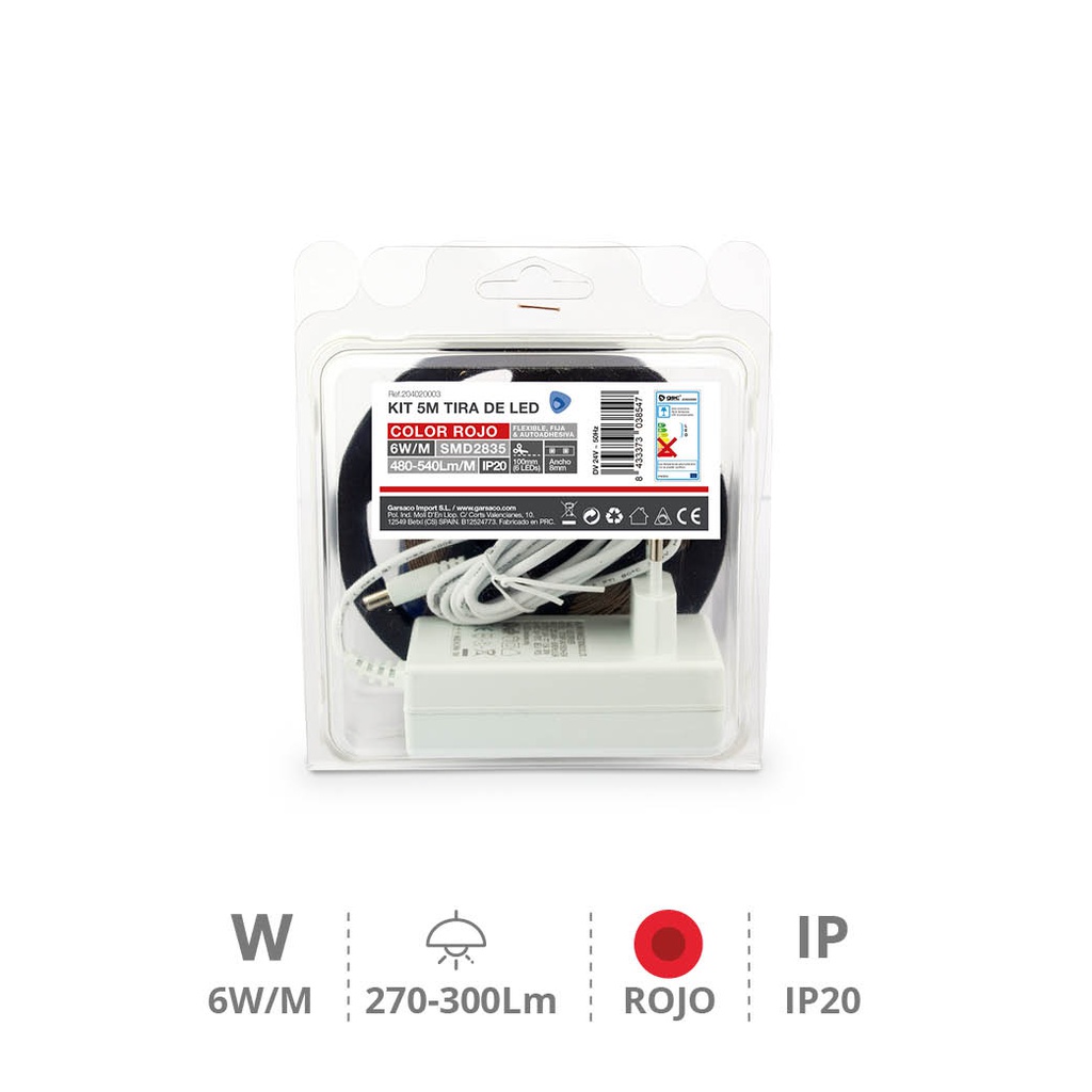 Kit 5 m Tira de LED 6 W/M IP20 Vermelho preparado