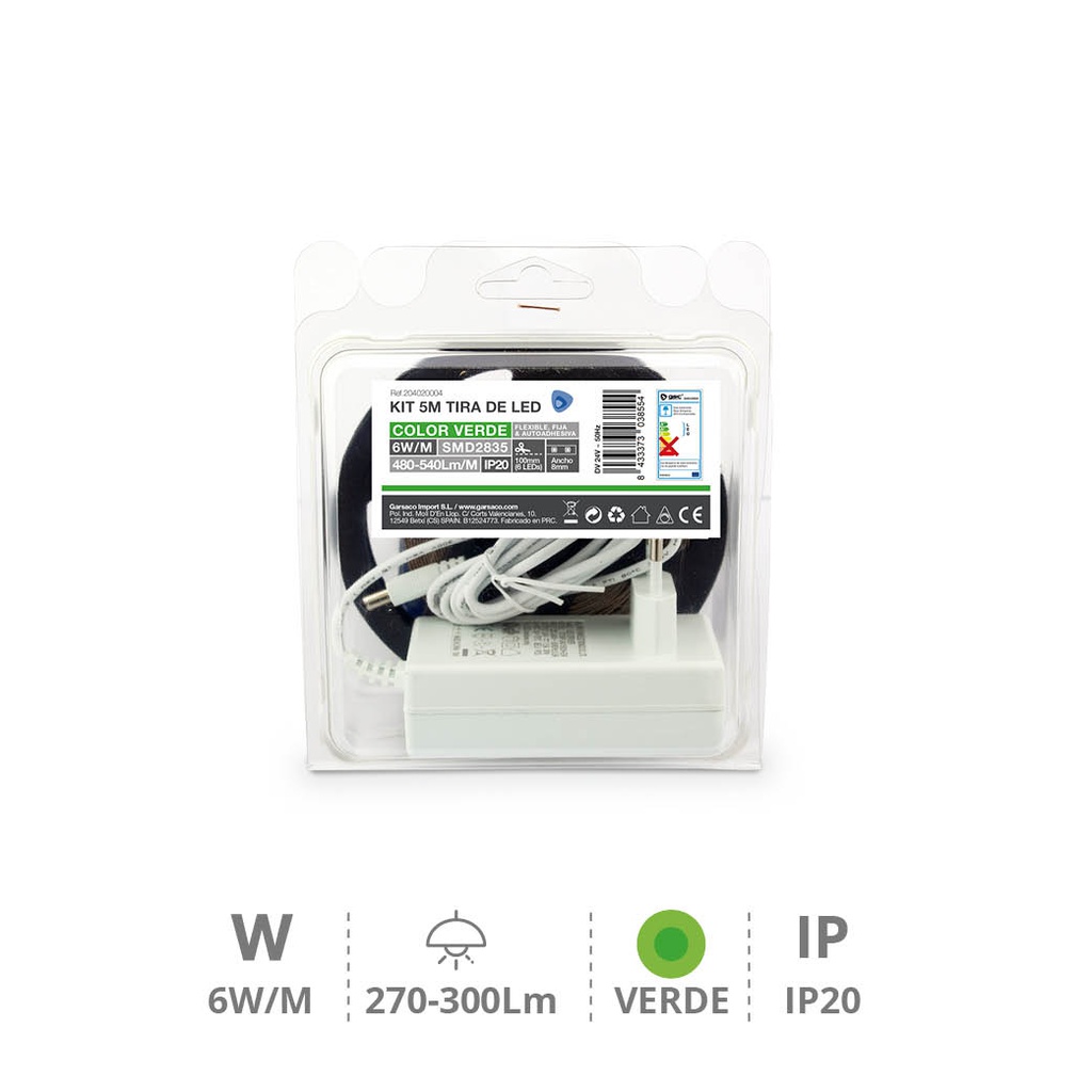 Kit 5M Tira de LED 6W/M IP20 Verde preparado