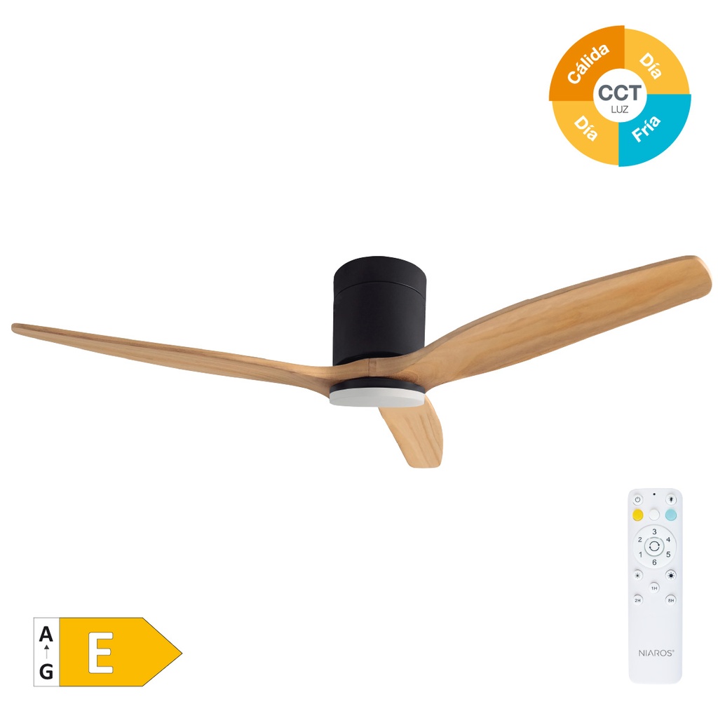 Ventilateur de plafond avec commande 52' moteur DC CCT réglable 3 pales Bois et noir