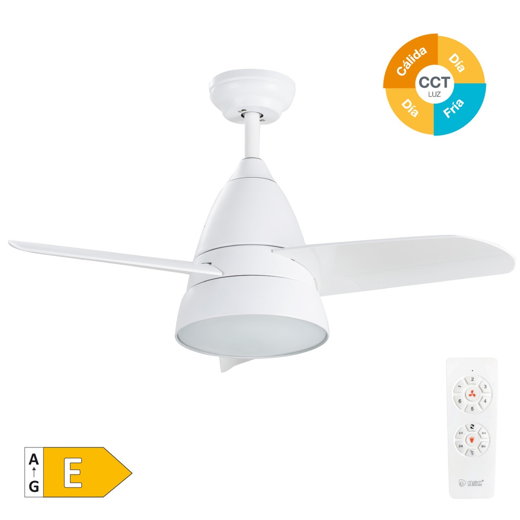 Ventilador techo Kidau con luz CCT regulable y mando Ø93 3 aspas Blanco