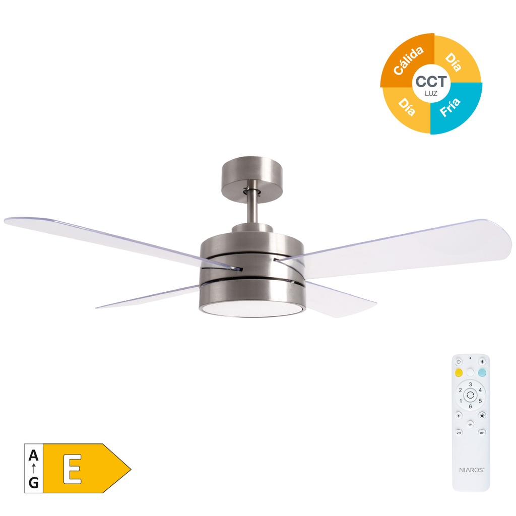 Ventilador de teto Seram com luz CCT regulável e controlo remoto Ø112 4 pás DC Níquel