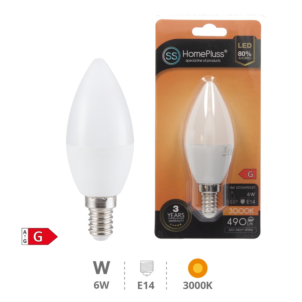 Bombilla LED vela 6W E14 3000K - 12u caja exp