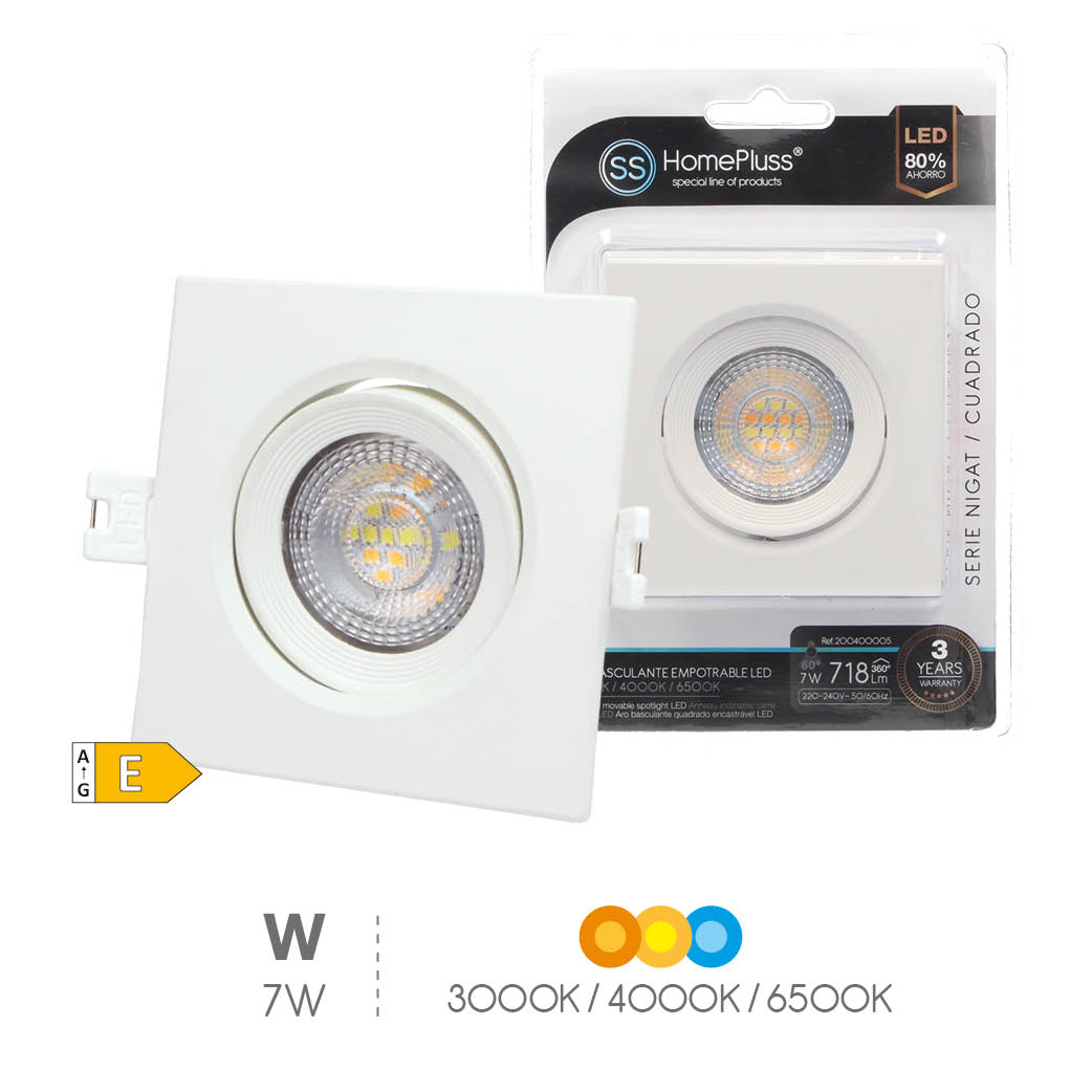 Aro basculante cuadrado empotrable LED Serie Nigat 7W 3000-4000-6500K IP44 Blanco- 8u caja exp