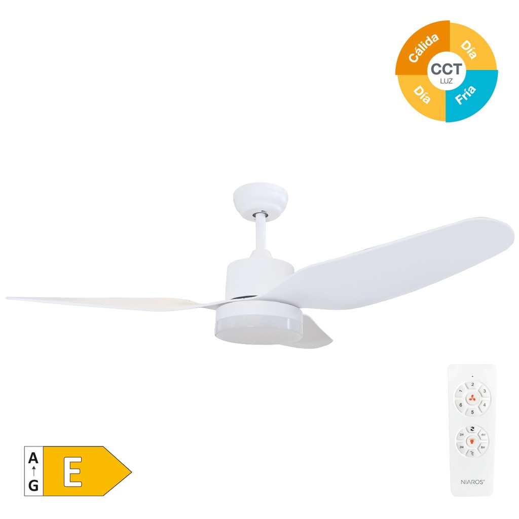 Ventilador de teto Bumera com luz CCT regulável e controlo remoto Ø116 3 pás Branco