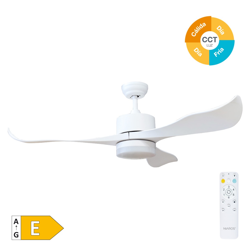 Ventilateur de plafond avec commande 52' moteur DC CCT réglable 3 pales Effet bois blanc