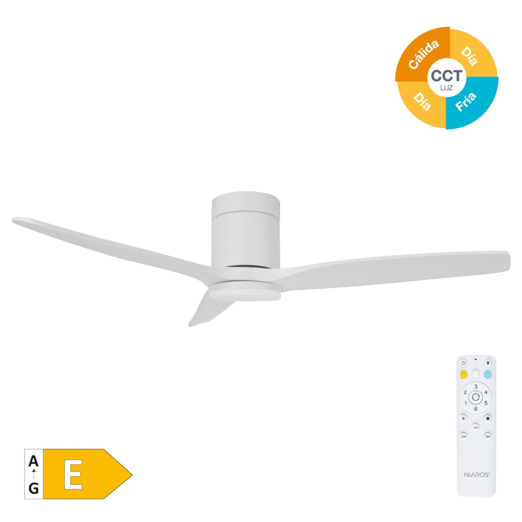 Ventilador techo Kasama con luz CCT regulable y mando Ø132 3 aspas DC Blanco