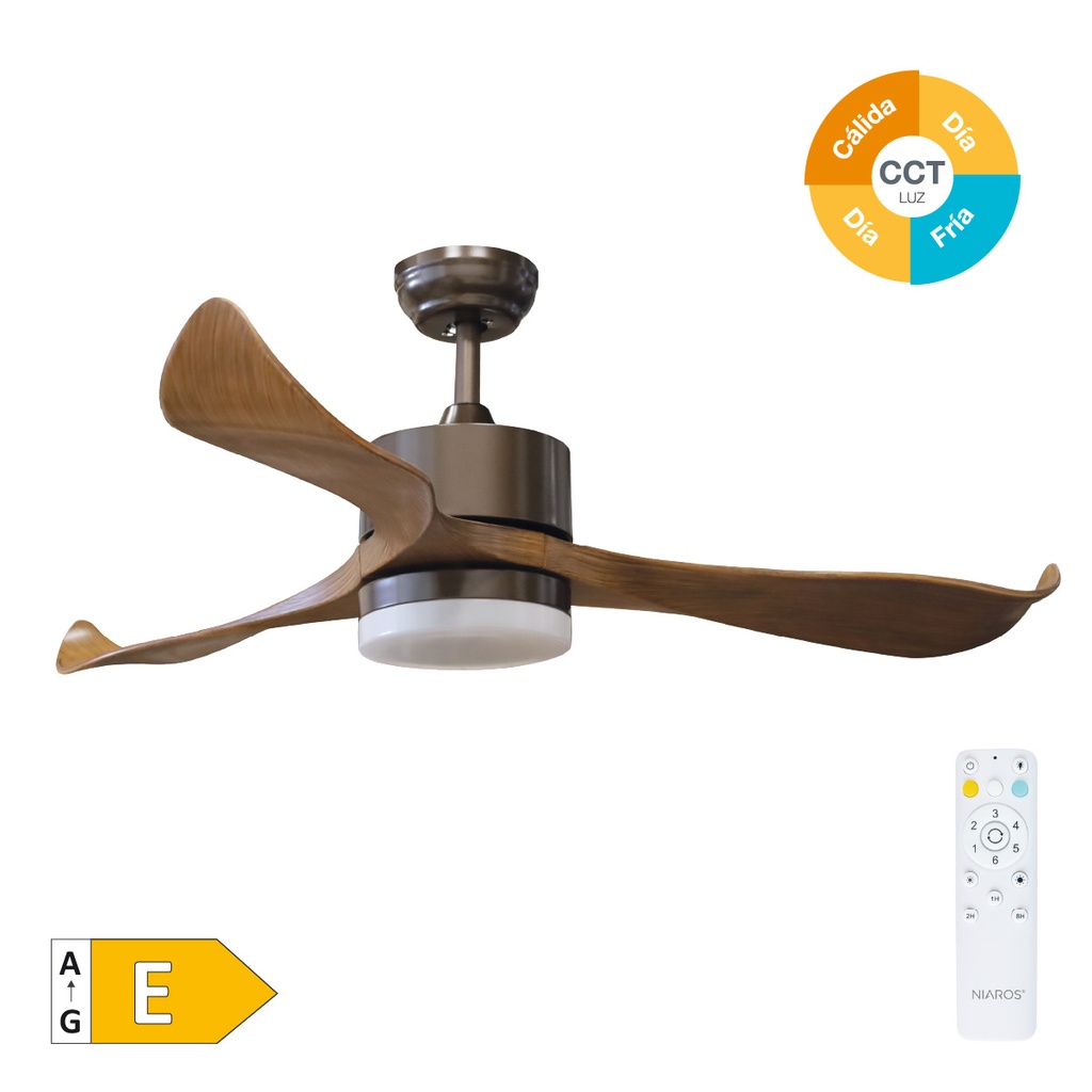 Ventilador techo Kota con luz CCT regulable y mando Ø132 3 aspas DC Café