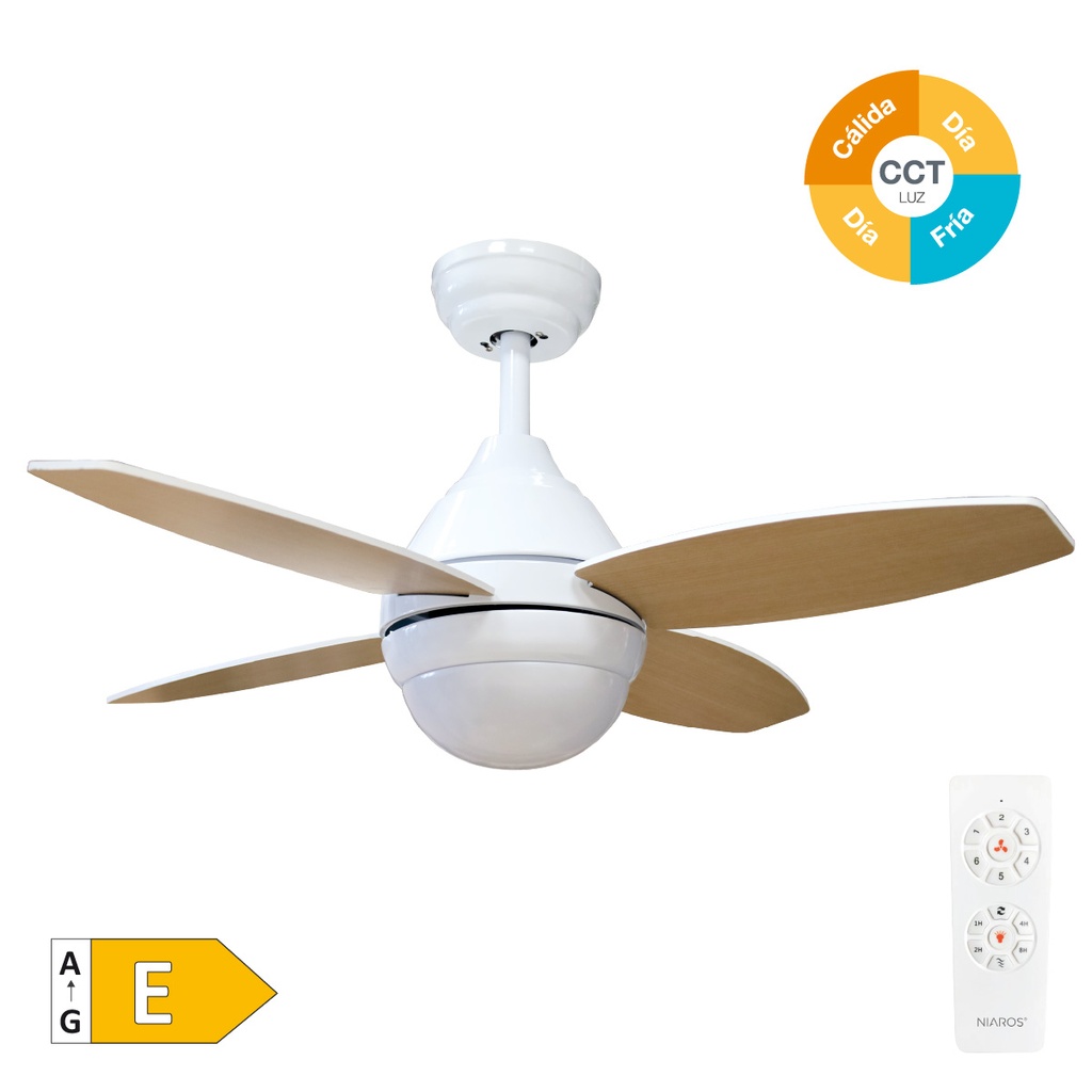 Ventilador de teto Muna com luz CCT regulável e controlo remoto Ø91 4 pás Branco