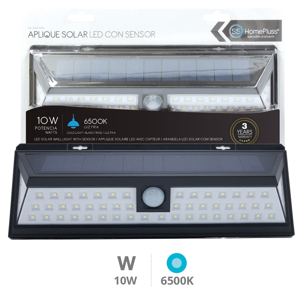 Aplique solar LED con sensor 10W 6500K Negro- 5u caja exp