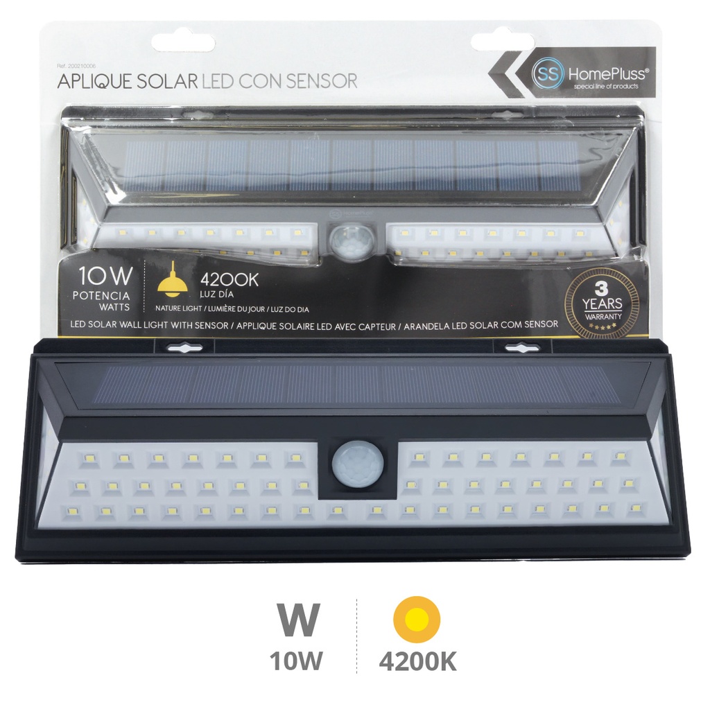 Aplique solar LED con sensor 10W 4200K Negro - 5u caja exp