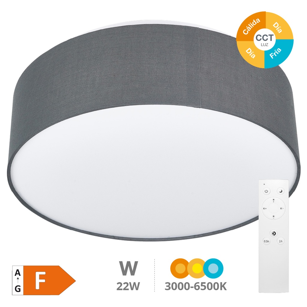 Plafonnier LED en tissu Kasker 22 W 3000K à 6500K réglable gris