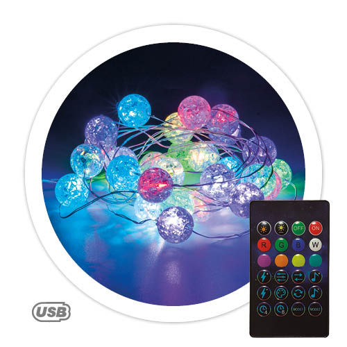 Guirlande de boules LED 3 M avec USB + télécommande 24 fonctions RGB IP44