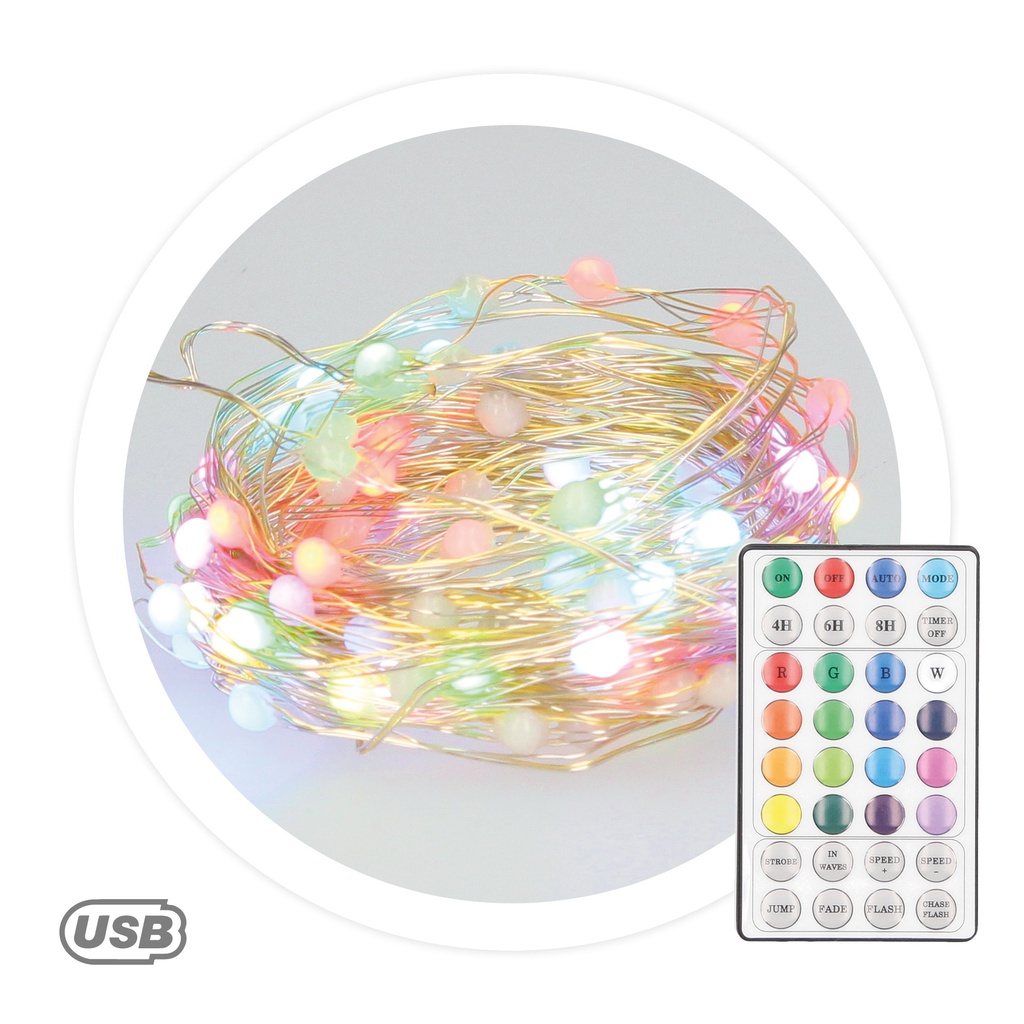 Guirlande fil de fer LED 9,9 M avec USB + télécommande 32 fonctions 6W RGB