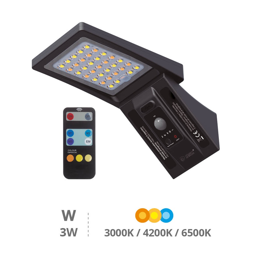 Applique solaire LED Ganda avec détecteur de mouvement et crépusculaire 3 W 3000 - 4200 - 6000K