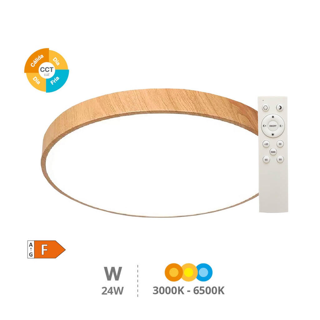 Plafonnier LED Andra rond 24 W 3000K à 6500K IP44 réglable Effet bois