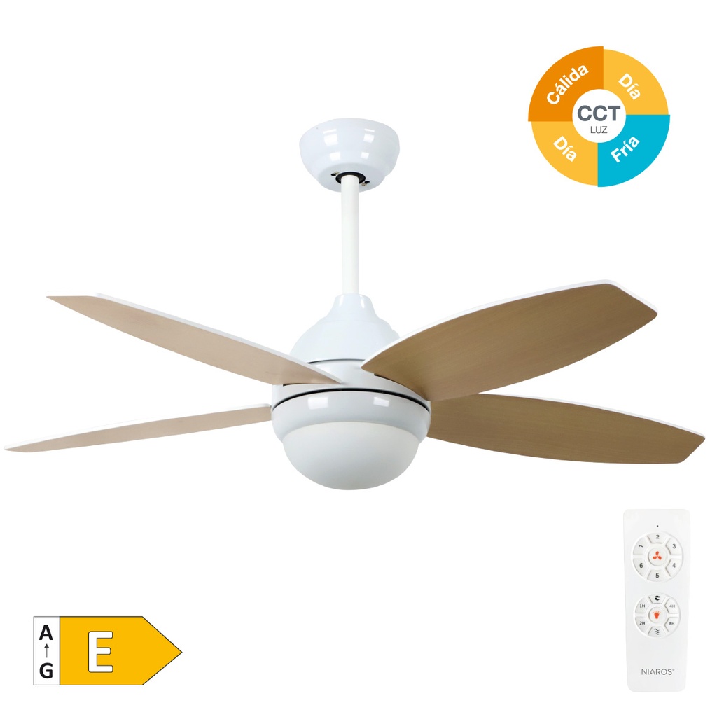 Ventilateur de plafond avec commande 42' CCT 4 ailes réversibles Effet bois blanc/hêtre