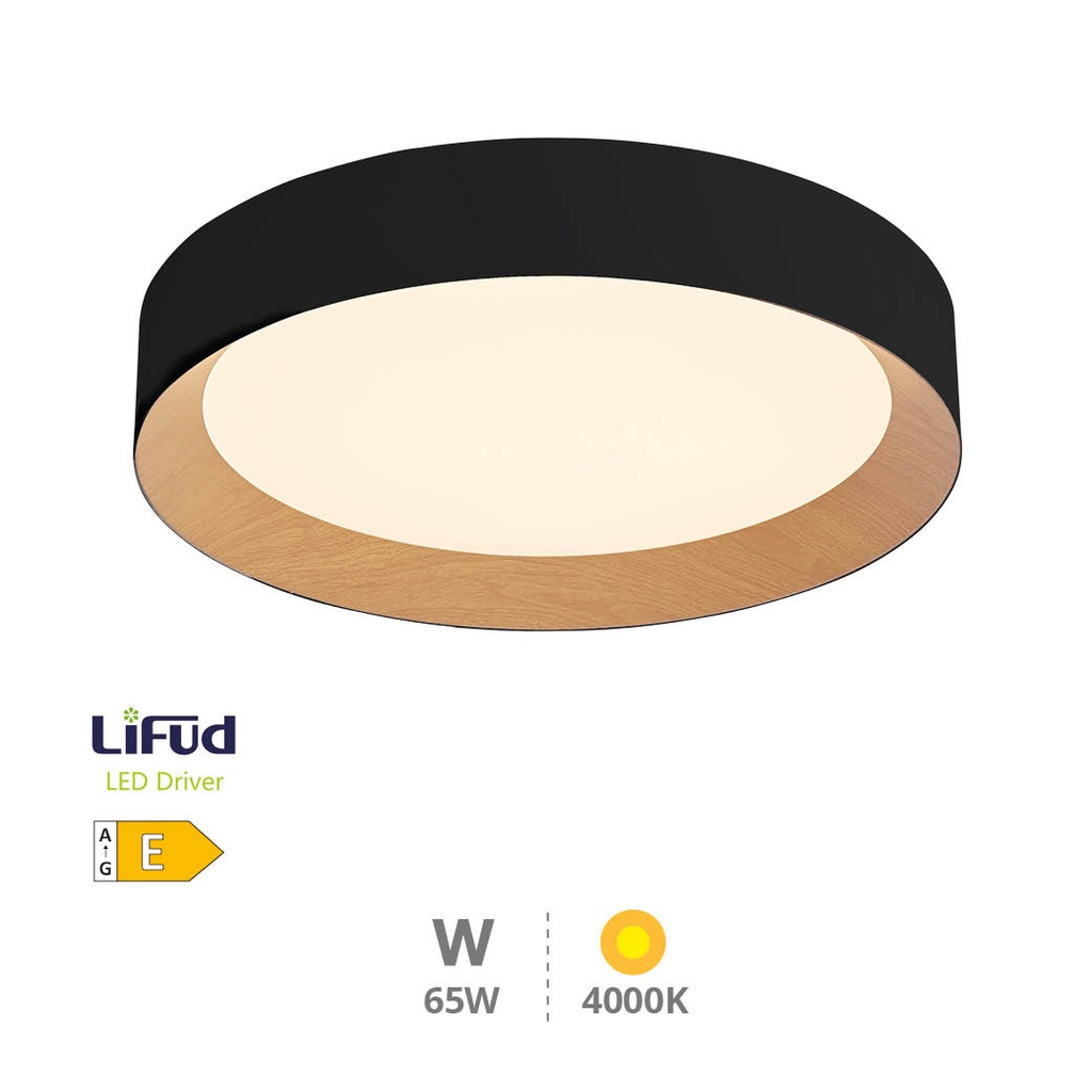 Plafón techo LED Peranka 65W 4000K Negro + Efecto madera