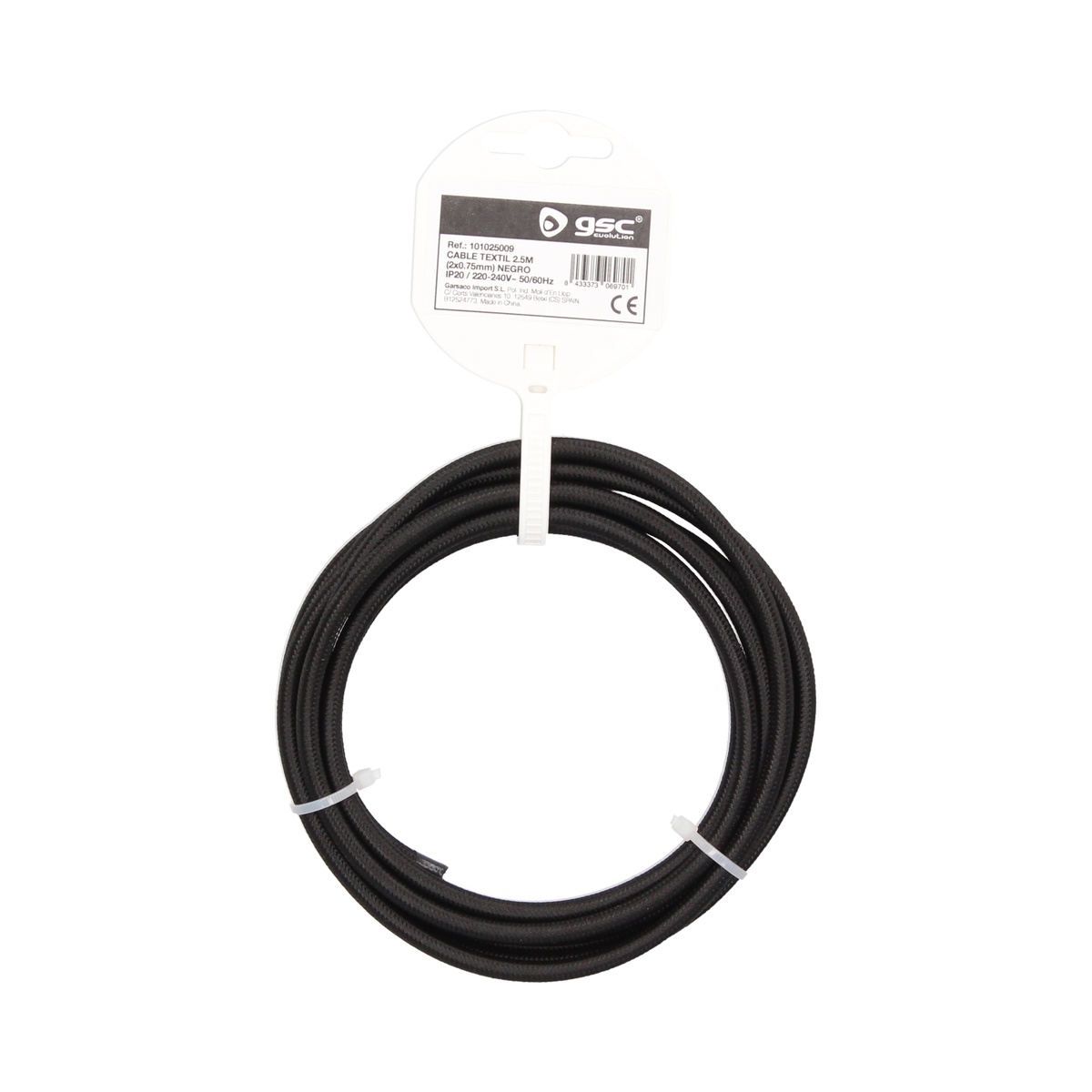 Cable textil 2,5M (2x0.75mm) Negro